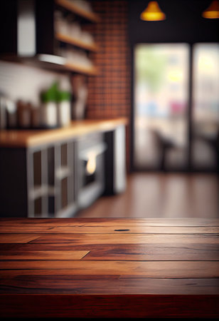 Wood table top on blur kitchen counter (room) in background . copy spacy for product. AI Generativeの素材