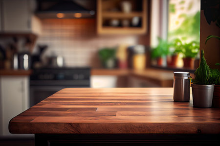 Wood table top on blur kitchen counter (room) in background . copy spacy for product. AI Generativeの素材