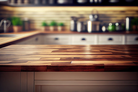 Wood table top on blur kitchen counter (room) in background . copy spacy for product. AI Generativeの素材
