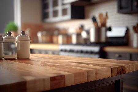 Wood table top on blur kitchen counter (room) in background . copy spacy for product. AI Generativeの素材