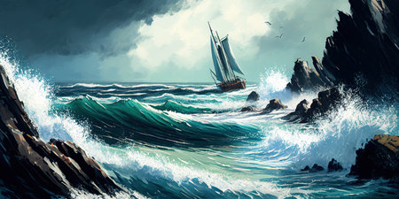 Sailing ship in a stormy sea, Watercolor, Ai generativeの素材