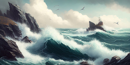Sailing ship in a stormy sea, Watercolor, Ai generativeの素材