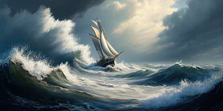 Sailing ship in a stormy sea, Watercolor, Ai generativeの素材