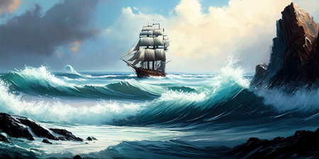 Sailing ship in a stormy sea, Watercolor, Ai generativeの素材