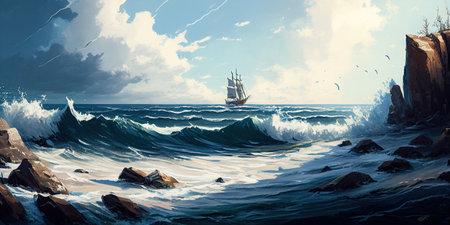 Sailing ship in a stormy sea, Watercolor, Ai generativeの素材