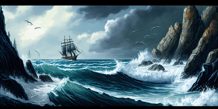 Sailing ship in a stormy sea, Watercolor, Ai generativeの素材