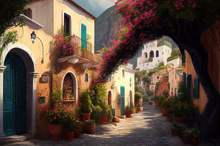 traditional italian small village, old town street , ai generativeの素材