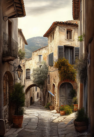 traditional italian small village, old town street , ai generativeの素材