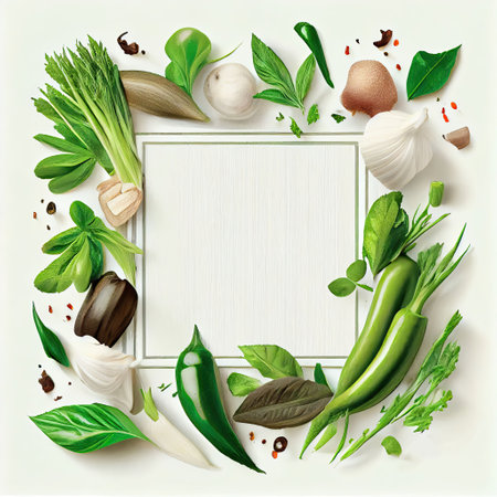 Fresh variety vegetables, spices and herbs frame. Ai generativeの素材