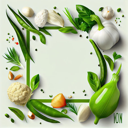 Fresh variety vegetables, spices and herbs frame. Ai generativeの素材