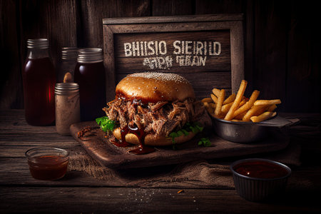 pulled pork pork with french fries, bbq sauce and sour sauce. Ai generativeの素材