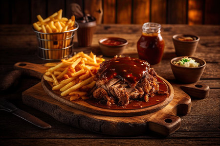 pulled pork pork with french fries, bbq sauce and sour sauce. Ai generativeの素材