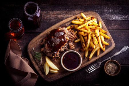 pulled pork pork with french fries, bbq sauce and sour sauce. Ai generativeの素材