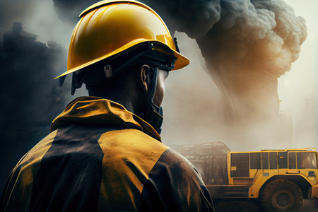 at back of the construction worker head is wearing the safety helmet. Ai generativeの素材