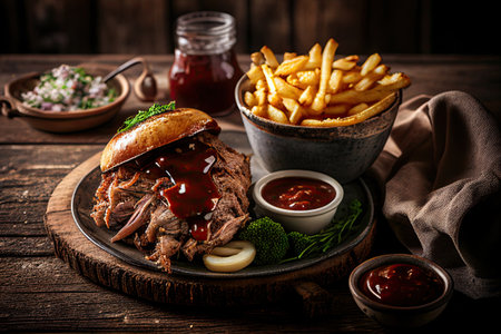 pulled pork pork with french fries, bbq sauce and sour sauce. Ai generativeの素材