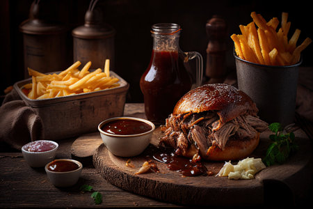 pulled pork pork with french fries, bbq sauce and sour sauce. Ai generativeの素材