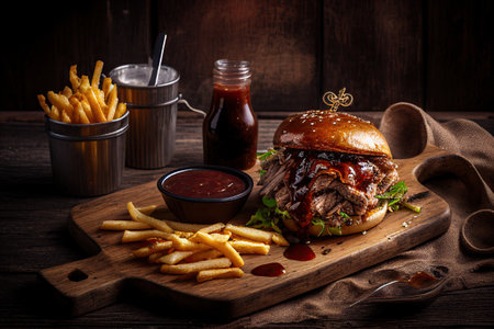 pulled pork pork with french fries, bbq sauce and sour sauce. Ai generativeの素材