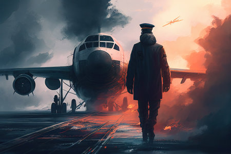 the pilot is walking on the plane . Airport, Aigenerativeの素材