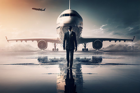 the pilot is walking on the plane . Airport, Aigenerativeの素材