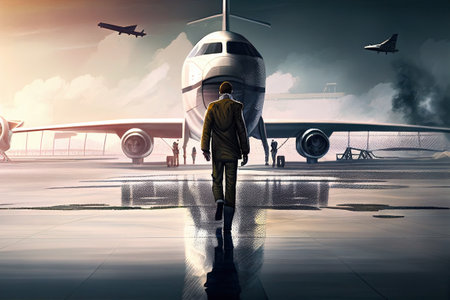the pilot is walking on the plane . Airport, Aigenerativeの素材