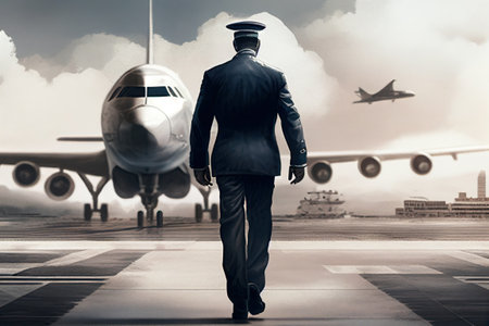 the pilot is walking on the plane . Airport, Aigenerativeの素材
