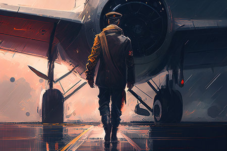 the pilot is walking on the plane . Airport, Aigenerativeの素材