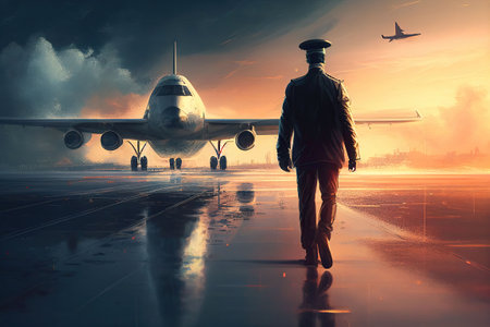 the pilot is walking on the plane . Airport, Aigenerativeの素材