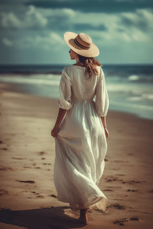 beautiful woman walking on an endless beach with sea, ai generativeの素材