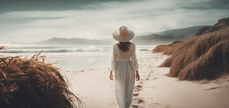 beautiful woman walking on an endless beach with sea, ai generativeの素材