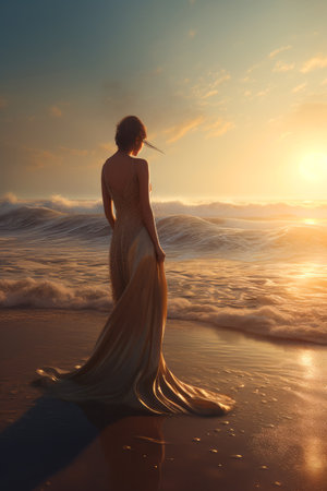 beautiful woman walking on an endless beach with sea, ai generativeの素材
