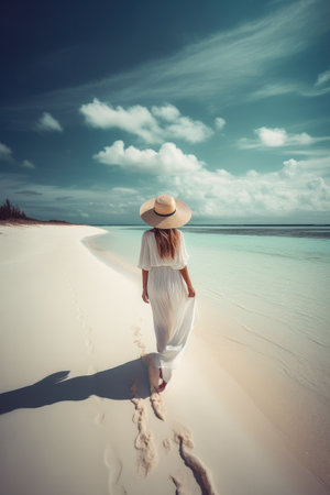 beautiful woman walking on an endless beach with sea, ai generativeの素材