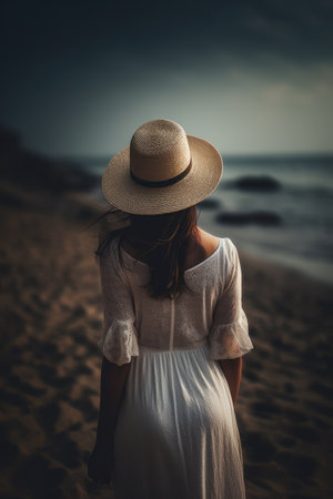 beautiful woman walking on an endless beach with sea, ai generativeの素材