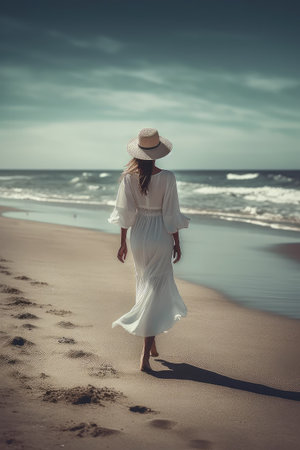 beautiful woman walking on an endless beach with sea, ai generativeの素材