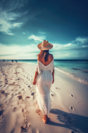 beautiful woman walking on an endless beach with sea, ai generativeの素材