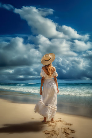 beautiful woman walking on an endless beach with sea, ai generativeの素材