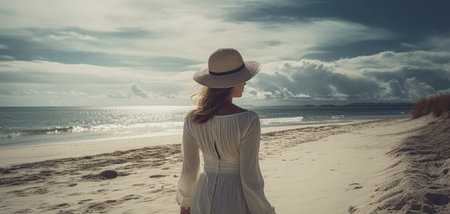 beautiful woman walking on an endless beach with sea, ai generativeの素材