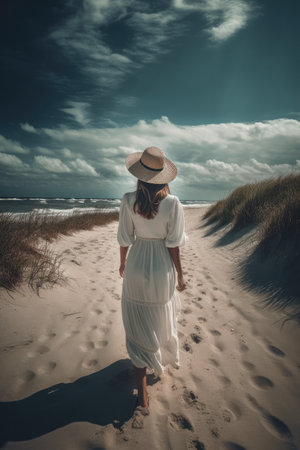 beautiful woman walking on an endless beach with sea, ai generativeの素材