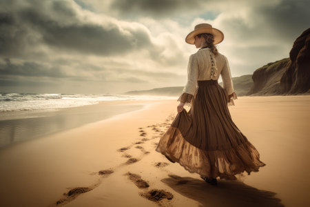 beautiful woman walking on an endless beach with sea, ai generativeの素材