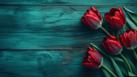 tulips are in the corner in front of a wooden background with enough copy space, ai generativeの素材