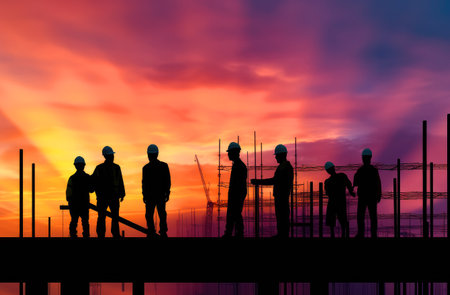 silhouettes of workers on the construction site. illustration for cover site or book, ai generativeの素材