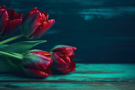 tulips are in the corner in front of a wooden background with enough copy space, ai generativeの素材