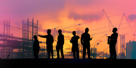 silhouettes of workers on the construction site. illustration for cover site or book, ai generativeの素材