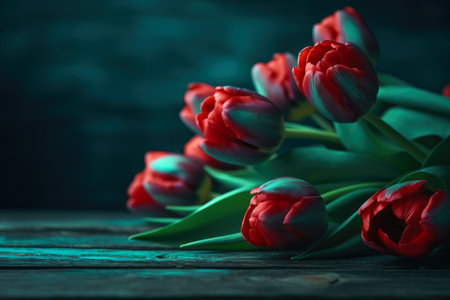 tulips are in the corner in front of a wooden background with enough copy space, ai generativeの素材