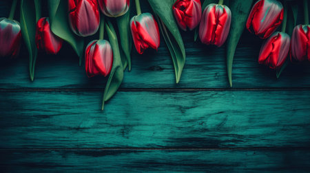 tulips are in the corner in front of a wooden background with enough copy space, ai generativeの素材