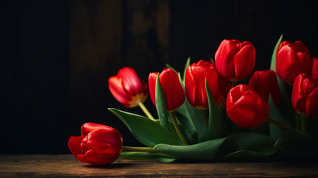 tulips are in the corner in front of a wooden background with enough copy space, ai generativeの素材