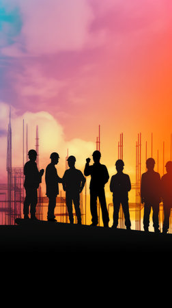 silhouettes of workers on the construction site. illustration for cover site or book, ai generativeの素材