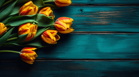 tulips are in the corner in front of a wooden background with enough copy space, ai generativeの素材