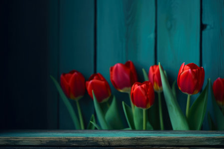 tulips are in the corner in front of a wooden background with enough copy space, ai generativeの素材