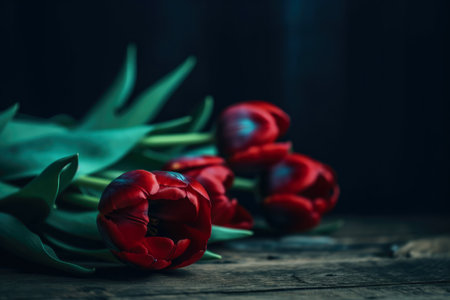 tulips are in the corner in front of a wooden background with enough copy space, ai generativeの素材