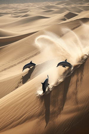 two dolphins splashing across the sand dunes, ai generativeの素材